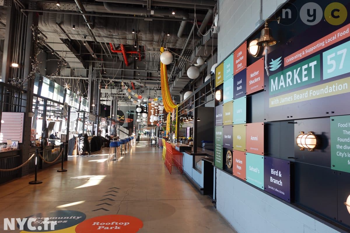 The entrance to Market 57 at Pier 57, with the lounge area in the background.