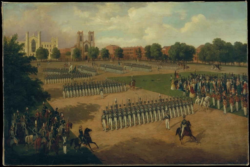 Pintura de 1851 de una revista del 7º Regimiento en Washington Square en el MET.