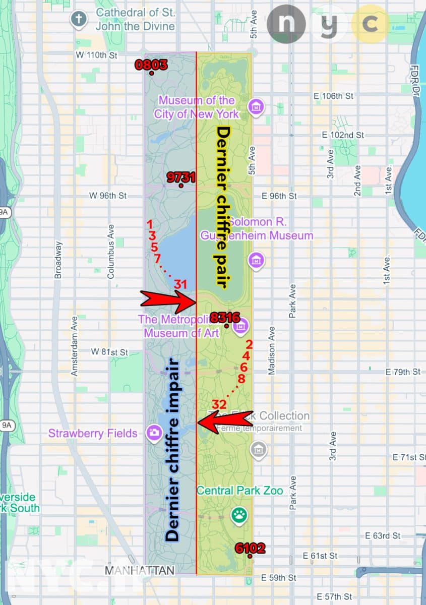 Mapa do Central Park com explicação dos números dos postes de luz